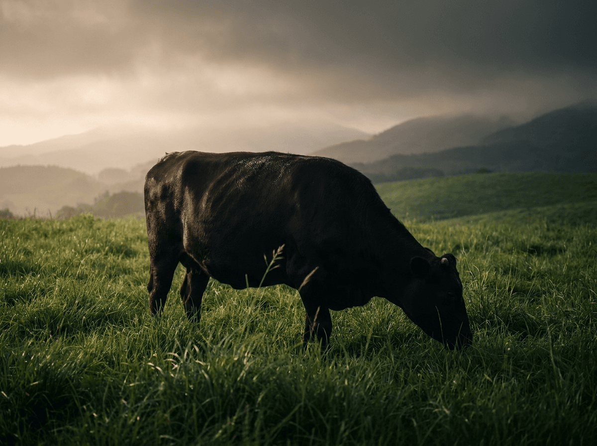 A black Wagyu cow grazing in a misty green pasture at golden hour
